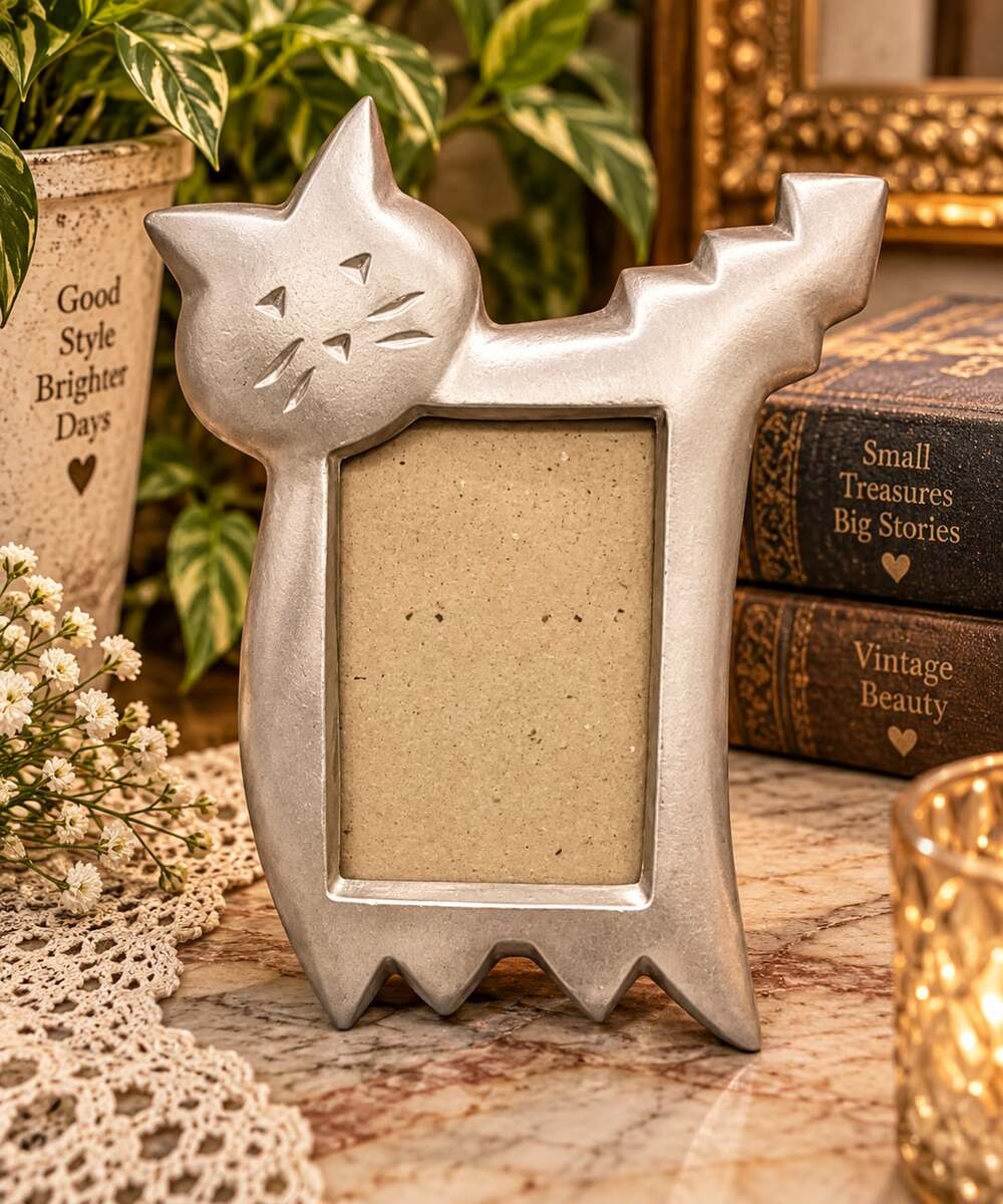 Vtg Furio Matte Silver Tone Abstract Cat Shaped Mini Picture Frame 2x3 Taiwan